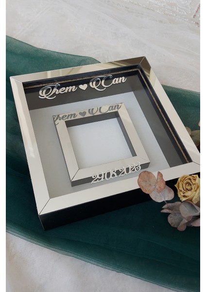 Ledli 25X25 cm Fotoğraf Bölümlü Siyah-Gümüş Renk Verda Anı Çerçevesi-6 cm Derinlikli Anı Çerçevesi