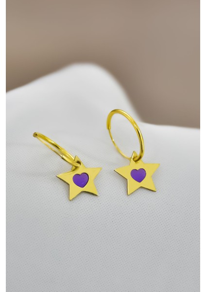 925 Ayar Gümüş Gold Kaplama Parlayan Rüya Serisi Ebruli Lila Cam Boya Yıldız Kalpli Küpe