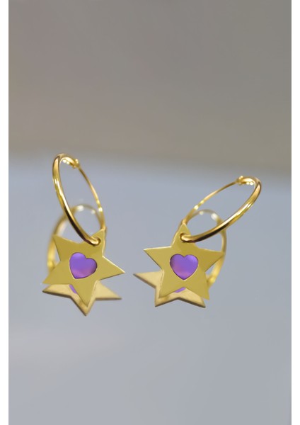 925 Ayar Gümüş Gold Kaplama Parlayan Rüya Serisi Ebruli Lila Cam Boya Yıldız Kalpli Küpe fiyatları