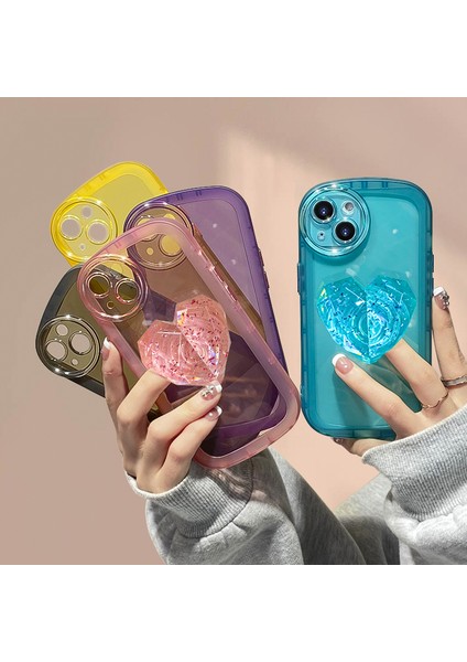 iPhone 13 Uyumlu Kılıf Kamera Korumalı Aşk Kalpli Pop Soketli Kristal Taşlı Tutacak Parlak