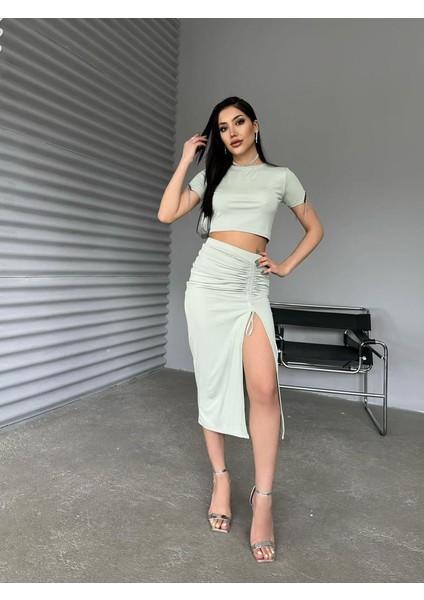 Foa Fashion Mint Büzgülü Etek Kolları Zincirli Crop Dalgıç Kumaş Ikili Takım