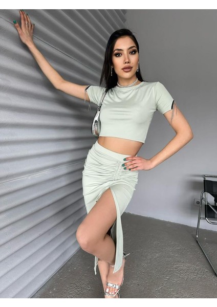 Mint Büzgülü Etek Kolları Zincirli Crop Dalgıç Kumaş Ikili Takım