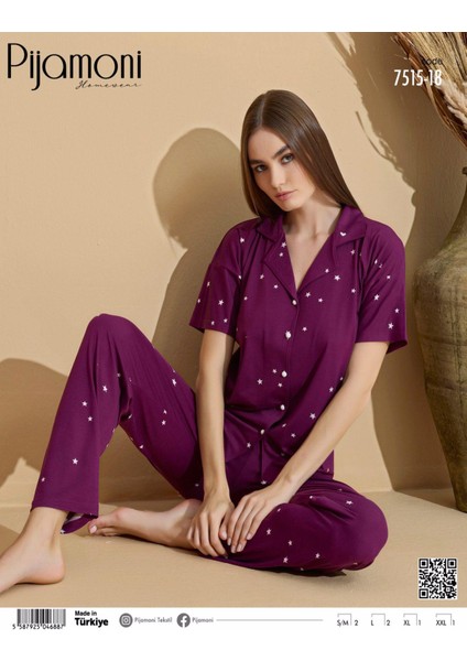 Kadın Kısa Kol Boydan Düğmeli Pijama Takımı - 7515-18