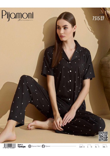 Kadın Kısa Kol Boydan Düğmeli Pijama Takımı - 7515-27