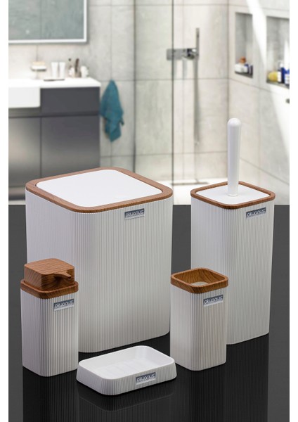 Stella Beyaz Ahşap Desenli Çizgili 5'li Banyo Seti