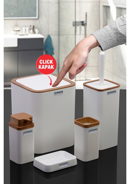 Stella Beyaz Ahşap Desenli Çizgili 5'li Banyo Seti fiyatları