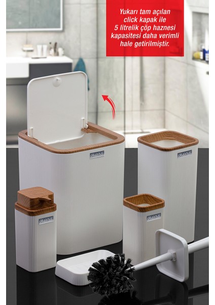 Stella Beyaz Ahşap Desenli Çizgili 5'li Banyo Seti modelleri