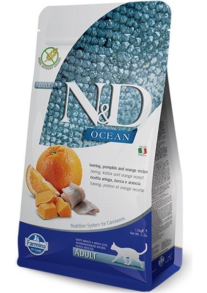 Ocean Balkabaklı Ringa Balık ve Portakallı Yetişkin Kedi Maması 1.5 kg