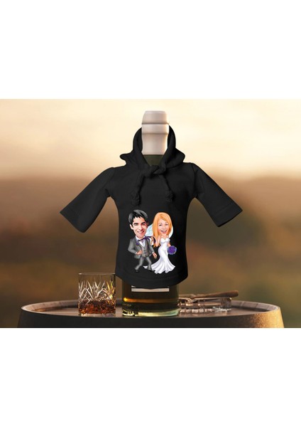 Kişiye Özel Sevgililer Karikatürlü Mini Siyah Içki Şişesi Tişörtü , Ev Bar Dekoru, Viski, Şarap, Votka, Rakı Şişesi Tişörtü, Ev Barı-6