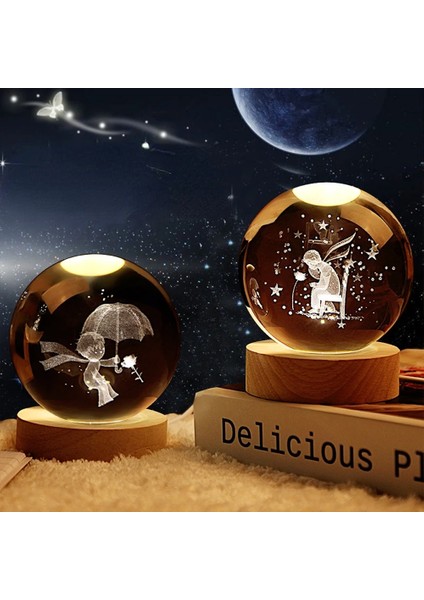 Küçük Prens Işıklı Ahşap Kaideli 2'lü Cam Küre 8cm*6cm