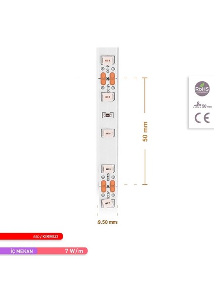 Şerit LED 60 Led''li Kırmızı Işık 7W 5 Metre AS01-00804