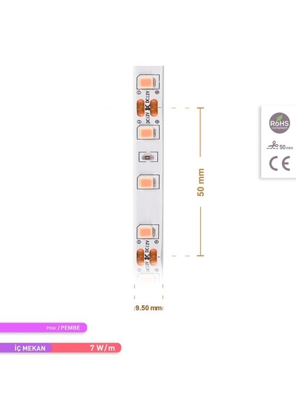 Şerit LED 60 Led''li Pembe Işık 7W 5 Metre AS01-00809