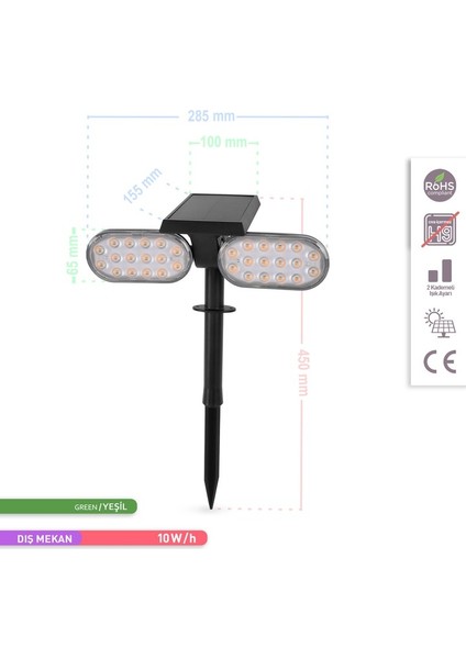 Solar LED Kazıklı Çim Armatürü Güneş Enerjili Bahçe Duvar Aydınlatması Yeşil Renk