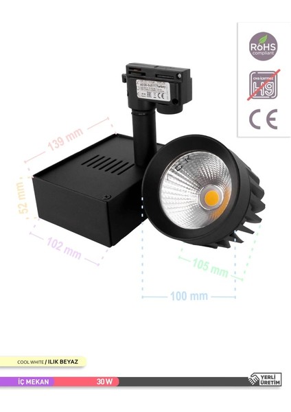 Cob LED Monofaze Ray Armatürü Siyah Kasa 4000K Ilık Beyaz 30W