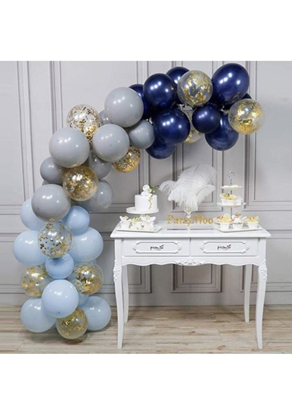 Gece Mavisi Gri Makaron Mavi Şeffaf Pullu Balon Seti