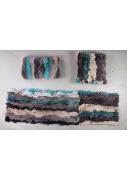 Çok Renkli Doğal Kürk Koltuk Şal Takımı Şal 50 x 180 Cm, Yastık 50 x 50 Cm, Bel Yastığı 35 x 60 Cm
