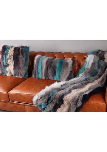 Çok Renkli Doğal Kürk Koltuk Şal Takımı Şal 50 x 180 Cm, Yastık 50 x 50 Cm, Bel Yastığı 35 x 60 Cm modelleri
