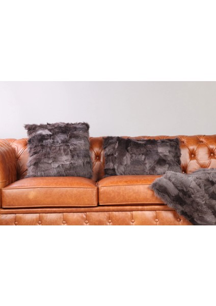 Kahverengi Doğal Kürk Koltuk Şal Takımı Şal 50 x 180 Cm, Yastık 50 x 50 Cm, Bel Yastığı 35 x 60 Cm