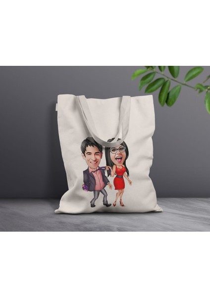 Kişiye Özel Sevgililer Karikatürlü Kanvas Bez Çanta, Baskılı Omuz Çantası, Alışveriş Çantası, Plaj Çantası, Sevgiliye Hediye-35