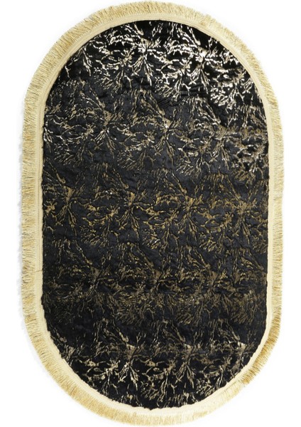 Altın Varaklı Kuş Ayağı Modelli Püsküllü Siyah Peluş Halı 120 x 180 Cm