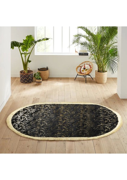Altın Varaklı Kuş Ayağı Modelli Püsküllü Siyah Peluş Halı 120 x 180 Cm