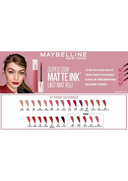 Maybelline Gün Boyu Kalıcı Etki Sunan Süper Mat Likit Ruj 125 Inspirer X2