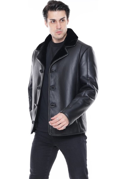 Deri Mont Siyah Kürk Mont Deri Ceket Içi Kürklü Düğme Kapamalı Kruvaze - 500322