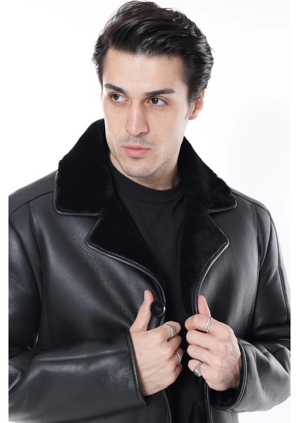 Deri Mont Siyah Kürk Mont Deri Ceket Içi Kürklü Düğme Kapamalı Kruvaze - 500322 fırsatları