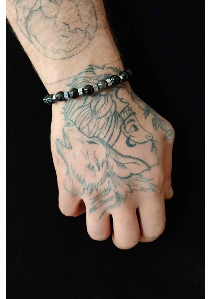 Siyah Akik Hematit Detaylı Ayarlanabilir Doğal Taş Erkek Bileklik