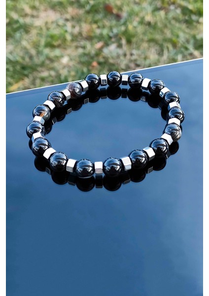 Siyah Akik Hematit Detaylı Ayarlanabilir Doğal Taş Erkek Bileklik modelleri