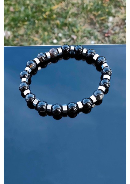 Siyah Akik Hematit Detaylı Ayarlanabilir Doğal Taş Erkek Bileklik fırsatları