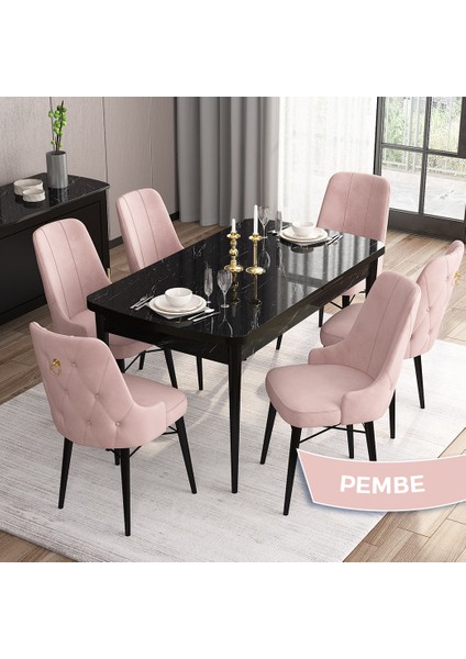 Concept Are Serisi, 80X132 Açılabilir Mdf Masa, Siyah Mermer Desen Mutfak Masa Takımı, 6 Sandalye