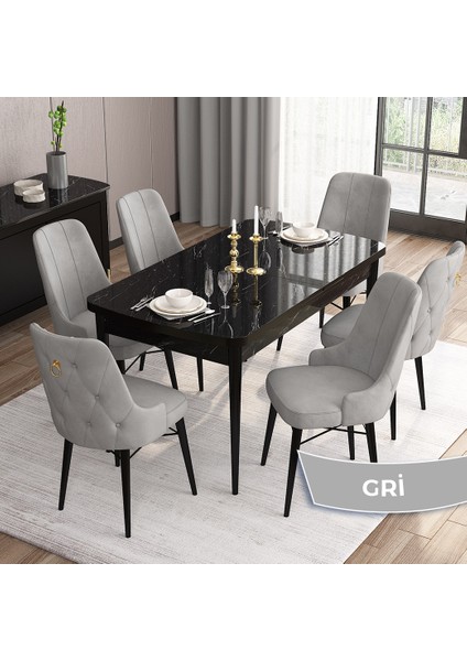 Concept Are Serisi, 80X132 Açılabilir Mdf Masa, Siyah Mermer Desen Mutfak Masa Takımı, 6 Sandalye