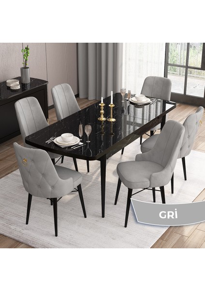 Concept Are Serisi, 80X132 Açılabilir Mdf Masa, Siyah Mermer Desen Mutfak Masa Takımı, 6 Sandalye