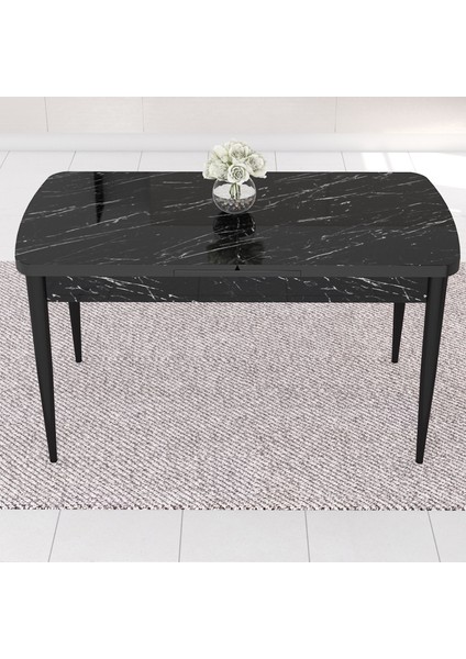 Concept Are Serisi, 80X132 Açılabilir Mdf Masa, Siyah Mermer Desen Mutfak Masa Takımı, 6 Sandalye