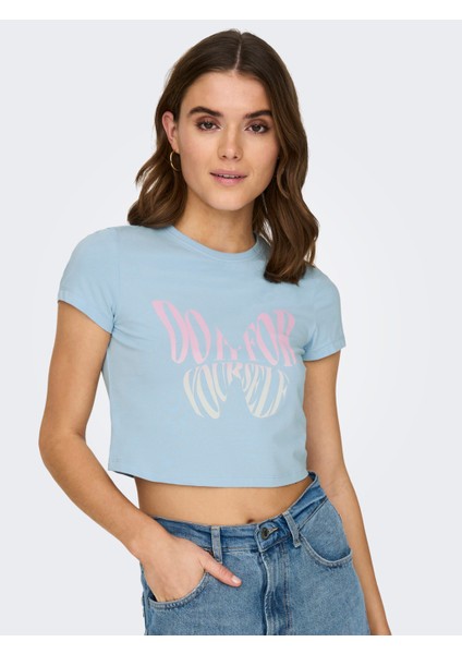 Baskılı Bisiklet Yaka Crop T-Shirt