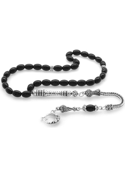 Kararmaz Metal Ayyıldız Püsküllü Arpa Kesim Oniks Doğaltaş Tesbih