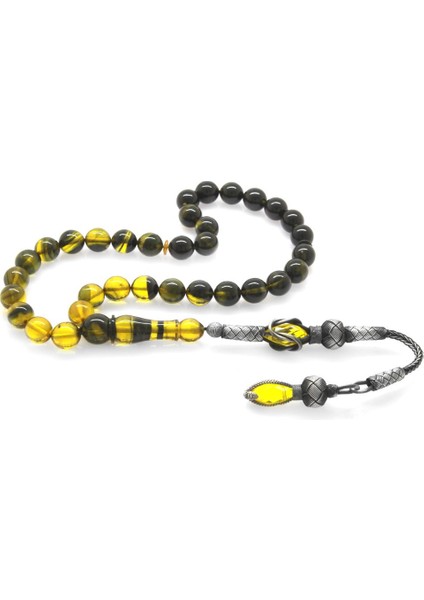 1000 Ayar Gümüş Kazaz Püsküllü Küre Kesim Süzme Sarı Ateş Kehribar Tesbih