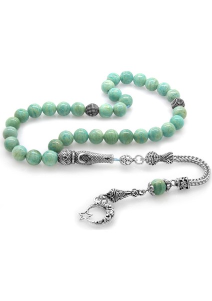 Kararmaz Metal Püsküllü Arpa Kesim Turkuaz Amazonit Doğaltaş Tesbih