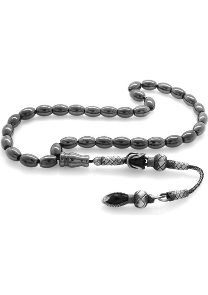 1000 Ayar Gümüş Kazaz Püsküllü Arpa Kesim Hematit Doğaltaş Tesbih