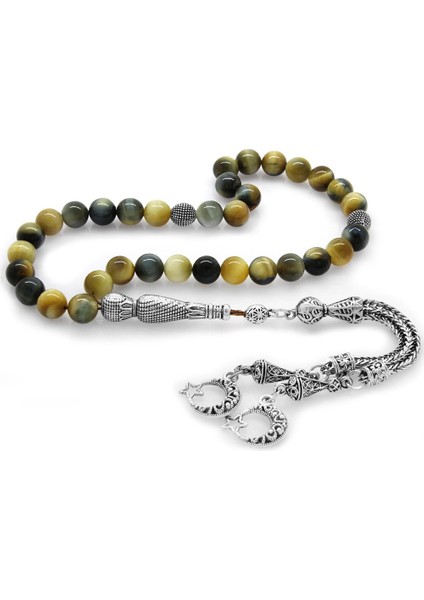 Kararmaz Metal Püsküllü Küre Kesim Karışık Renk Kaplangözü Doğaltaş Tesbih