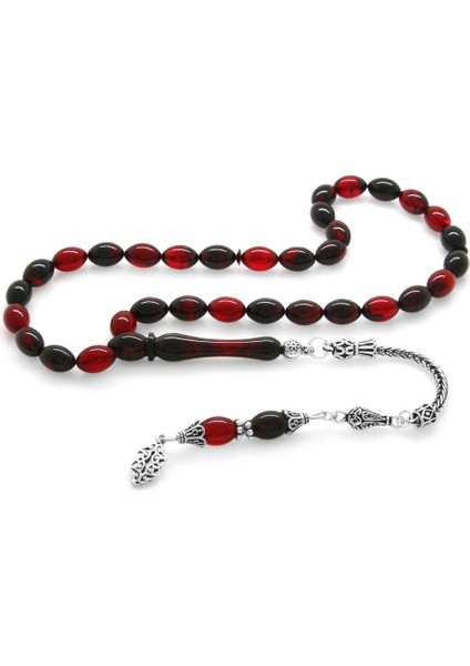 925 Ayar Gümüş Püsküllü Arpa Kesim Kırmızı-Siyah Sıkma Kehribar Tesbih