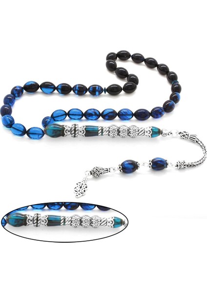 925 Ayar Gümüş Püsküllü Gümüş Üç Şerefeli Nakkaş İmameli Süzme Turkuaz Ateş Kehribar Tesbih