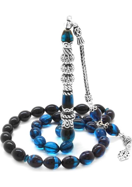 925 Ayar Gümüş Püsküllü Gümüş Üç Şerefeli Nakkaş İmameli Süzme Turkuaz Ateş Kehribar Tesbih fiyatları