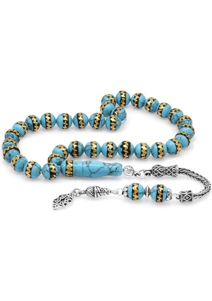 925 Ayar Gümüş Püsküllü Sarmal Oltu-Pirinç İşlemeli Firuze Doğaltaş Tesbih