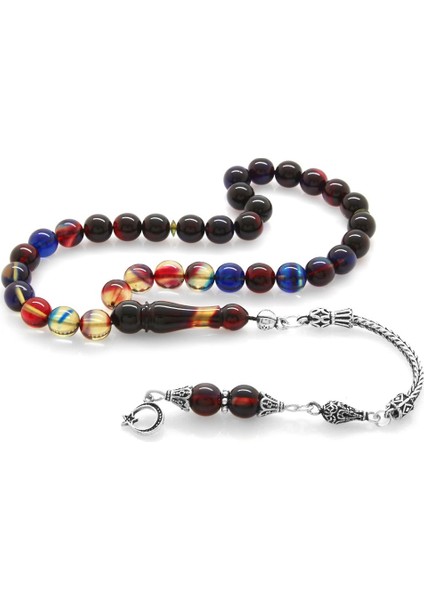 925 Ayar Gümüş Püsküllü Küre Kesim Süzme Bonibon Ateş Kehribar Tesbih