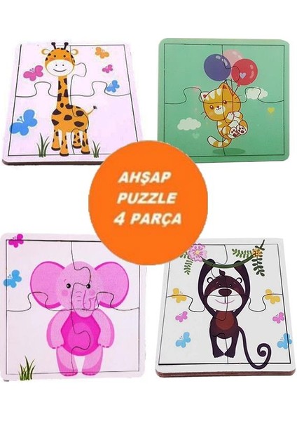 Woodylife Ilk Puzzlem Bebek Maymun Zürafa Pembe Fil ve Balon Tutan Kedi 4 Lü 4 Parça Puzzle Yapboz Eğitici Çocuk Oyuncak