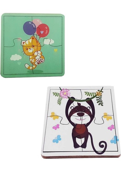 Woodylife Ilk Puzzlem Bebek Maymun Zürafa Pembe Fil ve Balon Tutan Kedi 4 Lü 4 Parça Puzzle Yapboz Eğitici Çocuk Oyuncak