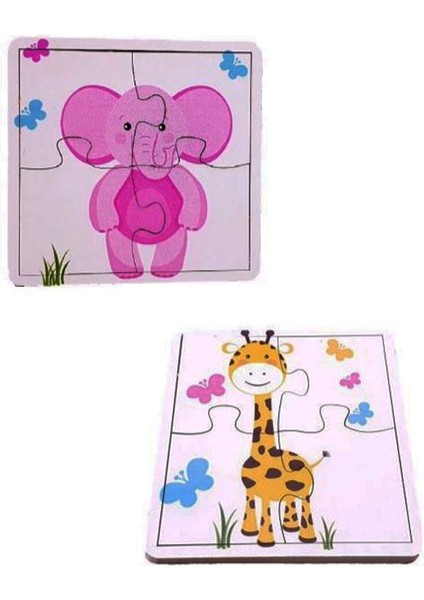 Woodylife Ilk Puzzlem Bebek Maymun Zürafa Pembe Fil ve Balon Tutan Kedi 4 Lü 4 Parça Puzzle Yapboz Eğitici Çocuk Oyuncak