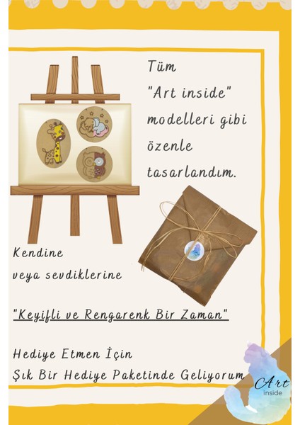 Art Inside Çocuklar Için Sevimli Hayvanlar Fil Zürafa Baykuş Figürlü Ahşap Boyama Tuval Seti Hediye Hobi Kiti